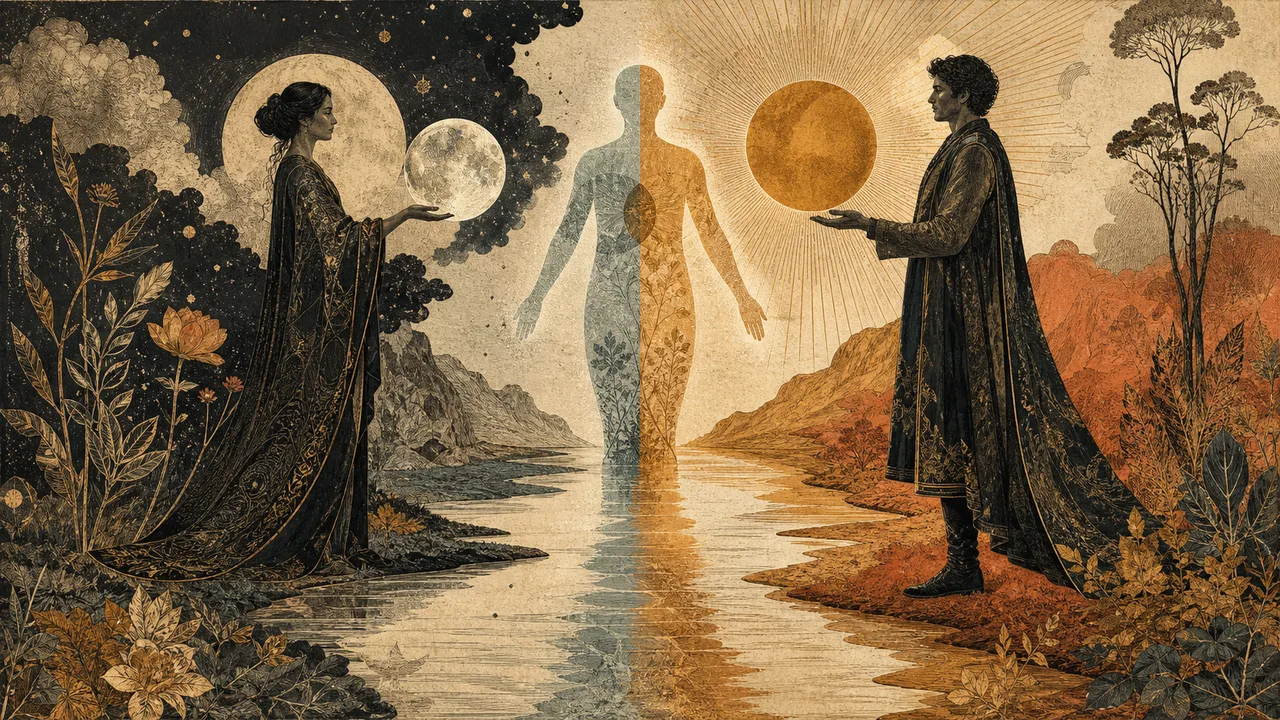 Two complementary figures united by a luminous center and inner symbols