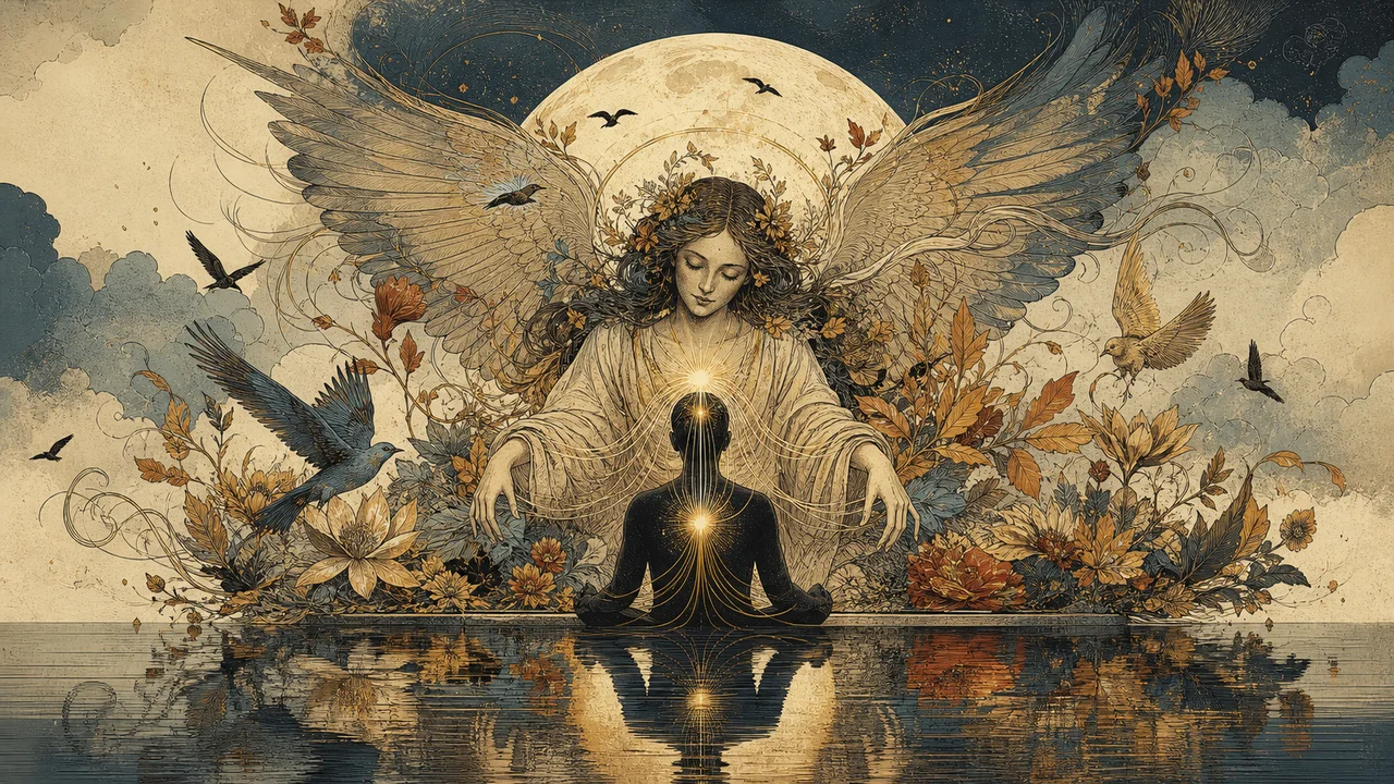 Archangel Haniel among flowers, pink light, and elements connected to beauty and harmony