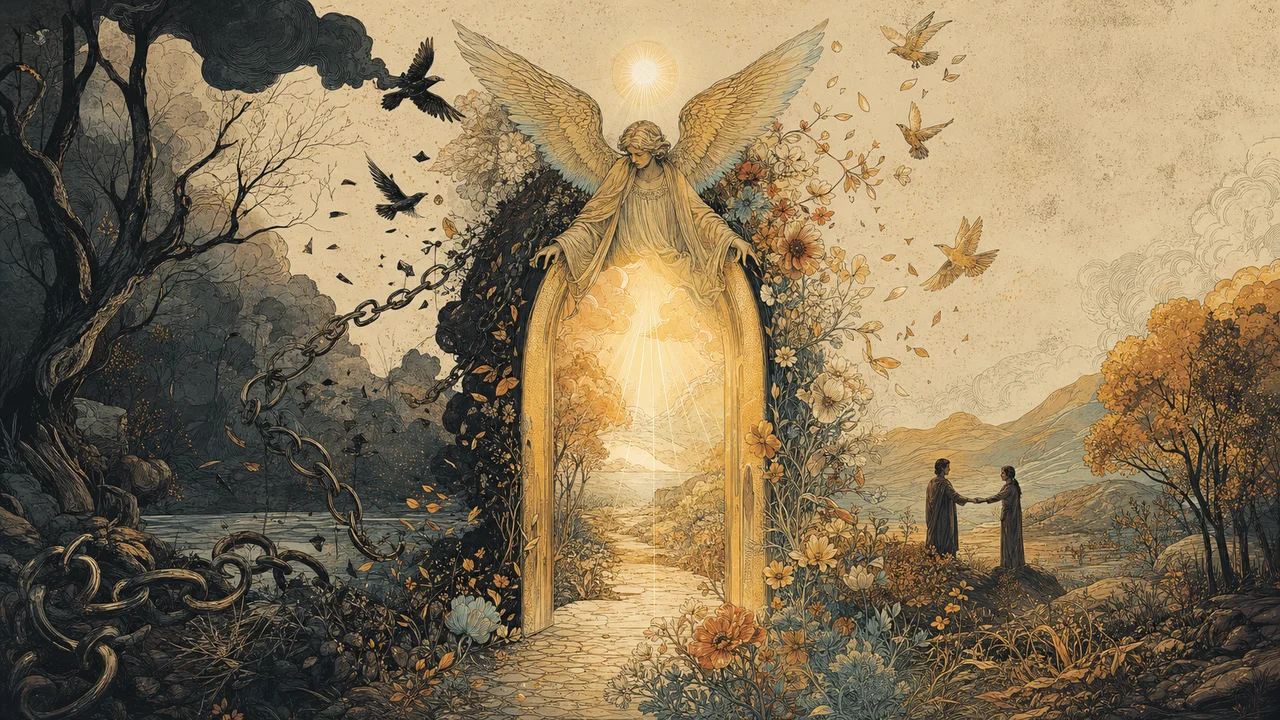 Archangel Tzadkiel surrounding old chains with a violet flame of transformation