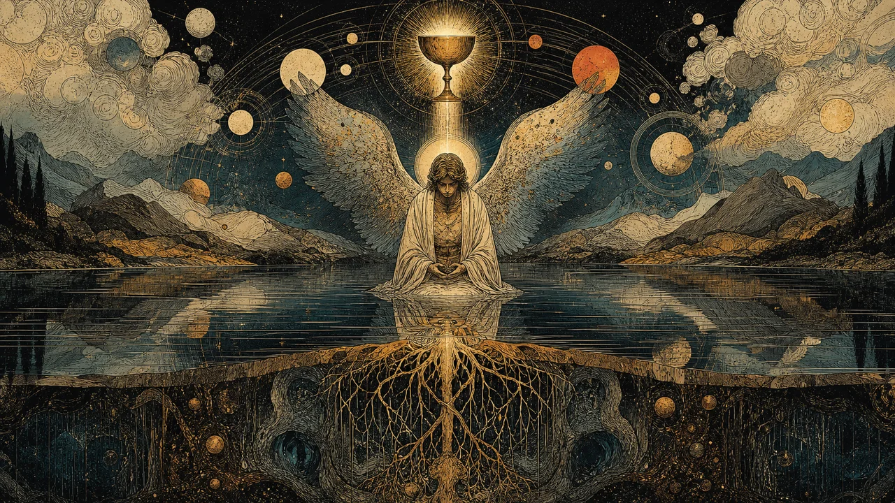 Archangel Tzaphkiel in contemplation before Saturn and a silent landscape