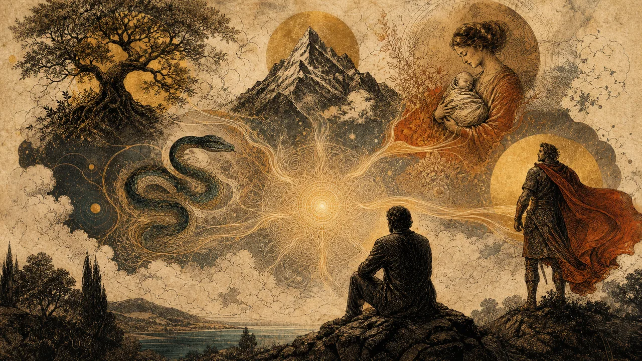 Luminous mold giving rise to different figures and symbols in a surreal composition