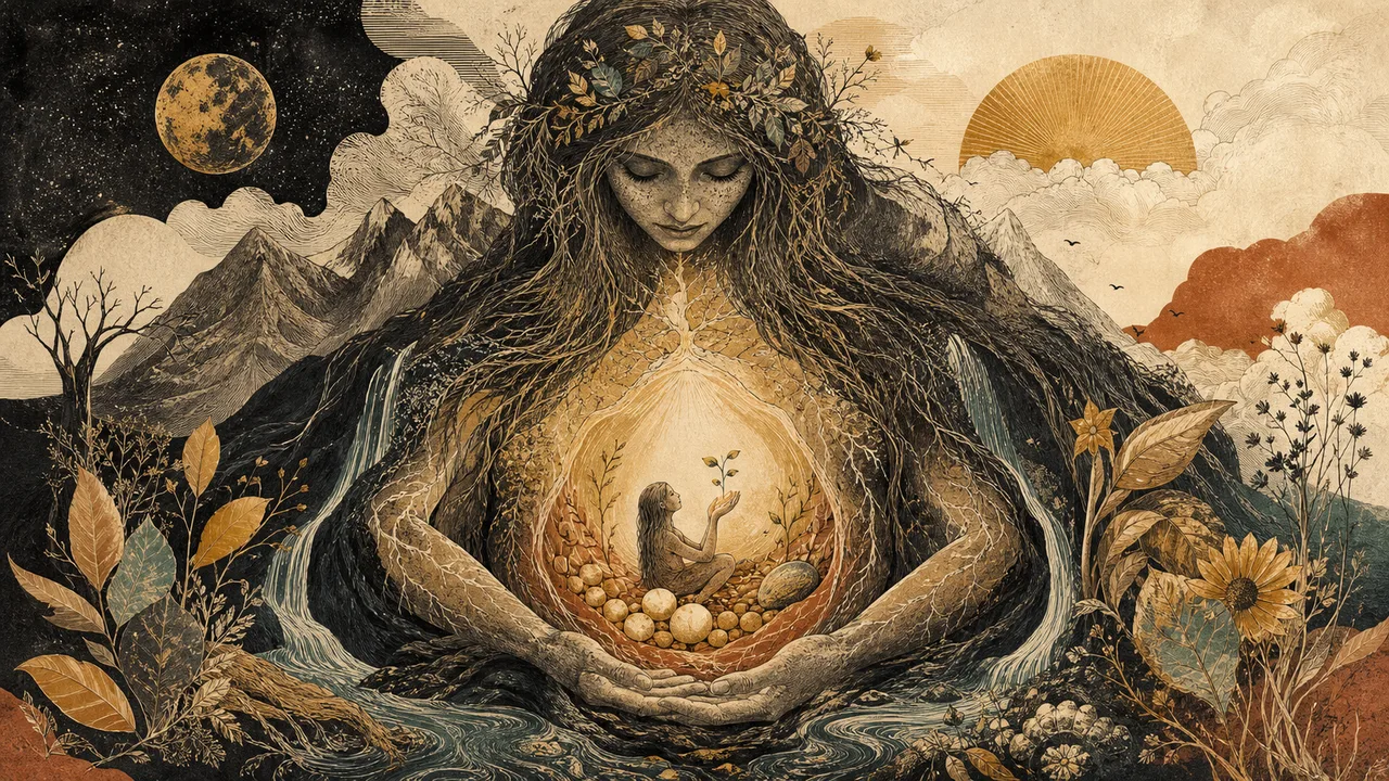 A great maternal figure surrounding seeds, trees, children and cycles of nature