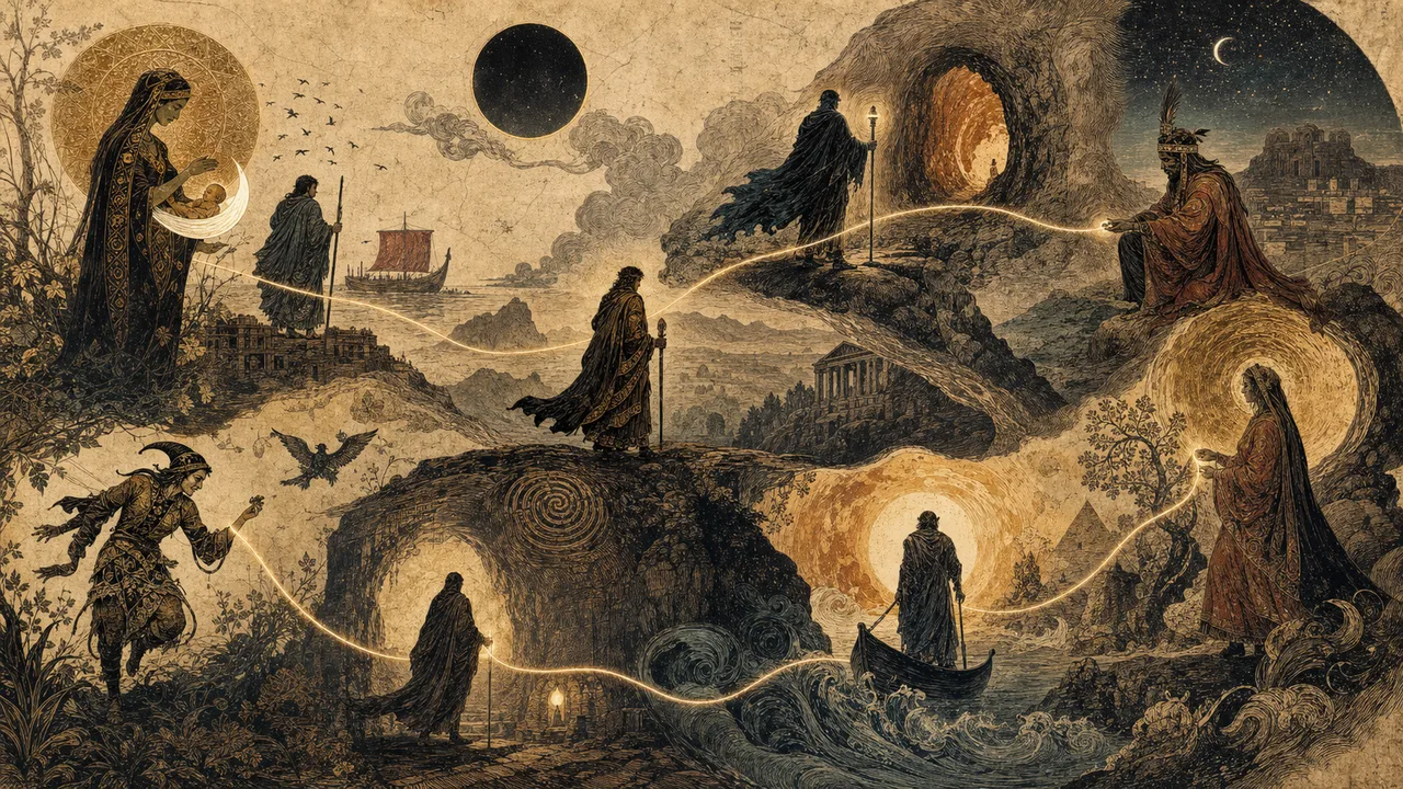 Narratives from different cultures connected by heroes, mothers, and symbols of rebirth