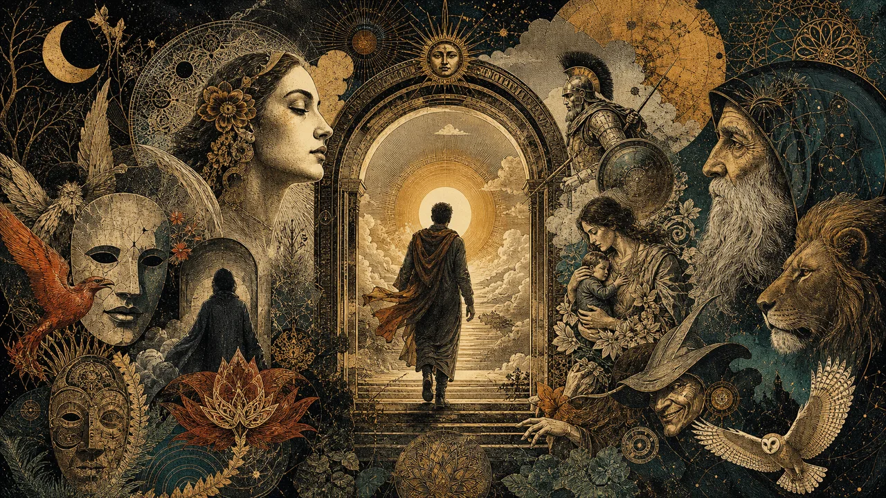 A central consciousness surrounded by masks, dreams, and great archetypal figures