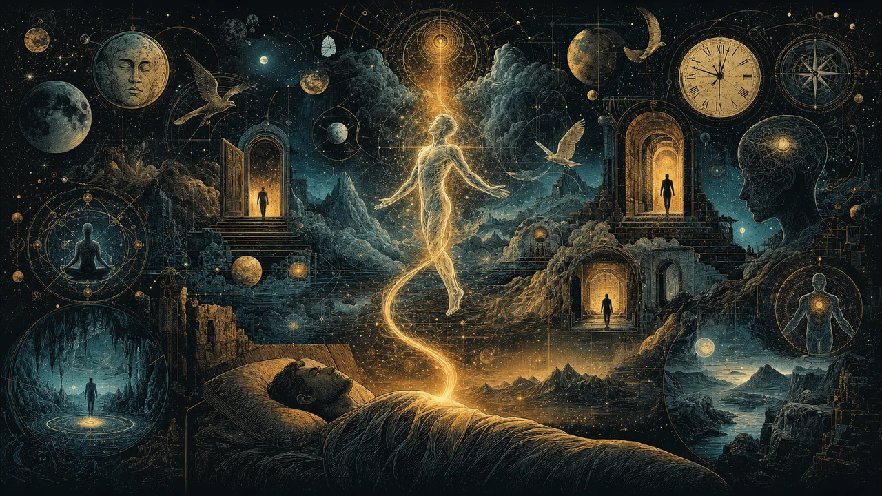 An energy body projecting out of the physical body during sleep beneath a starry sky