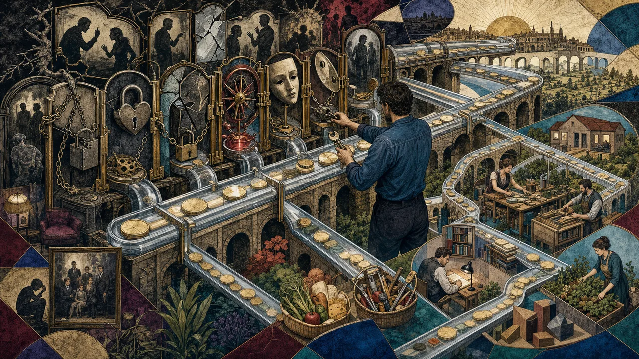A person observing old beliefs about money while a path to prosperity opens