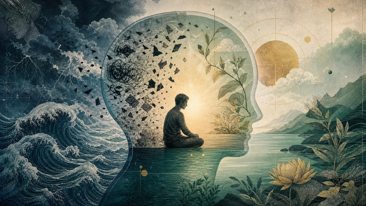 Person practicing mindfulness with gentle waves around them, representing anxiety and the return of attention