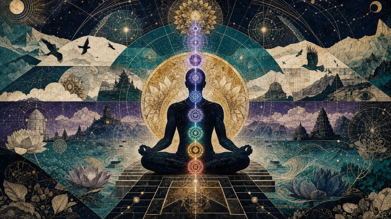 Person meditating with aligned chakras, roots of light in the earth, and a spiritual column rising toward the sky
