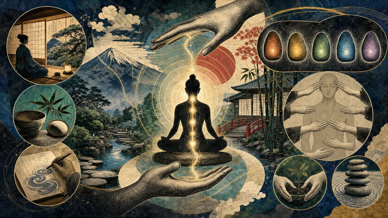 Hands positioned over the body during a Reiki application, with soft light surrounding them