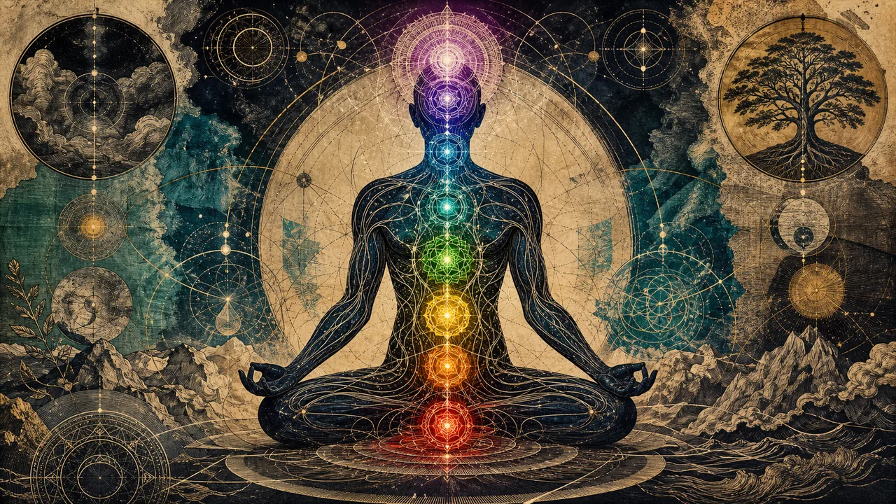 A person meditating with the seven chakras aligned and luminous energy channels around the body