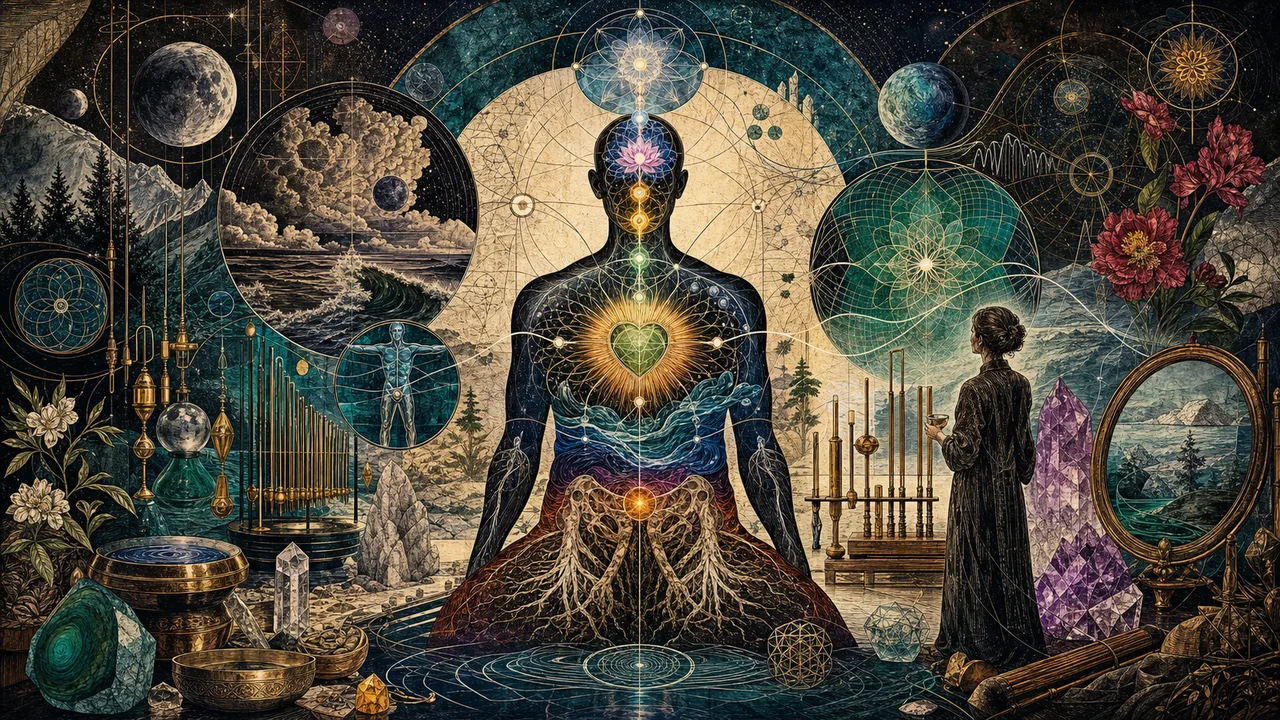 Person meditating surrounded by energy fields, crystals, and luminous vibrational waves