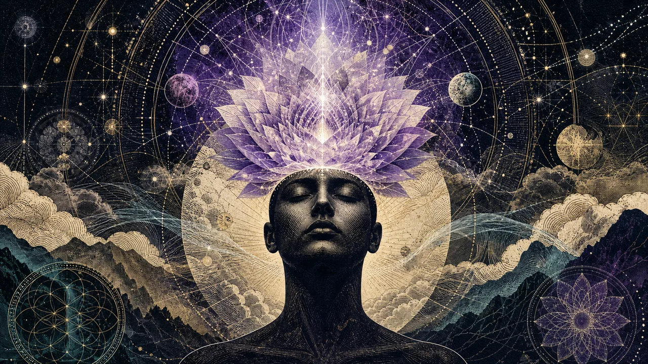 A person meditating with a luminous violet lotus at the top of the head representing the crown chakra