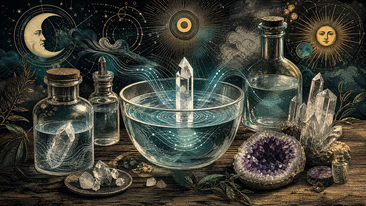 Crystal elixirs with water, quartz and a geode transmitting energy in a symbolic crystal therapy composition