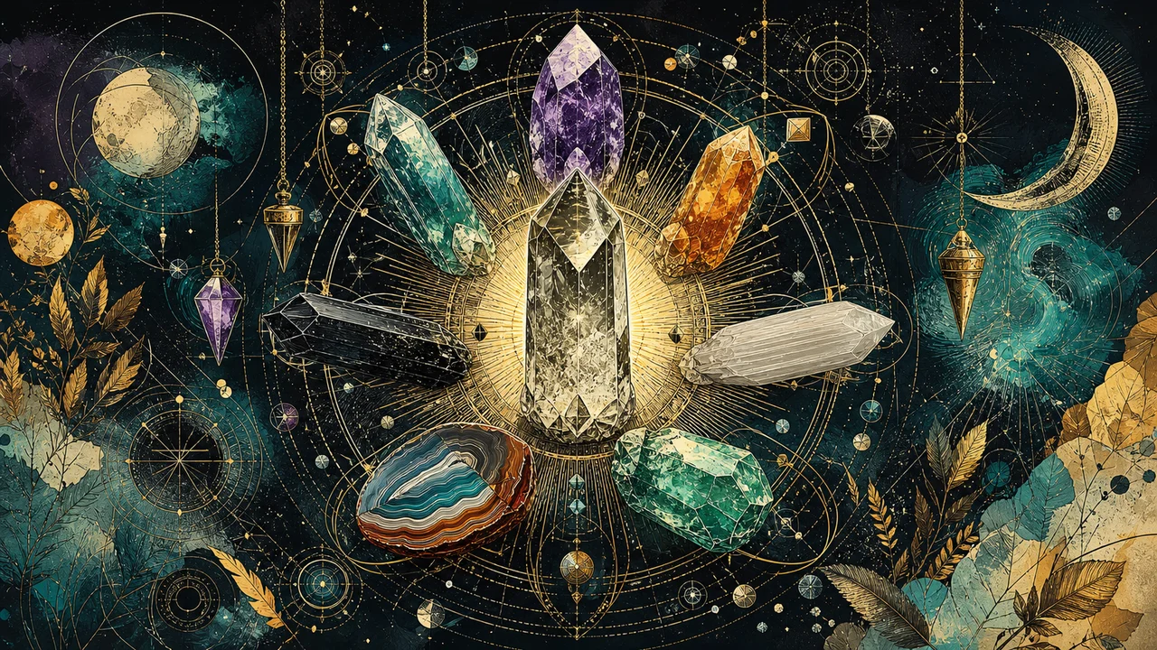 Healing crystals arranged in an energy mandala with quartz, amethyst, citrine, black tourmaline and crystal therapy symbols