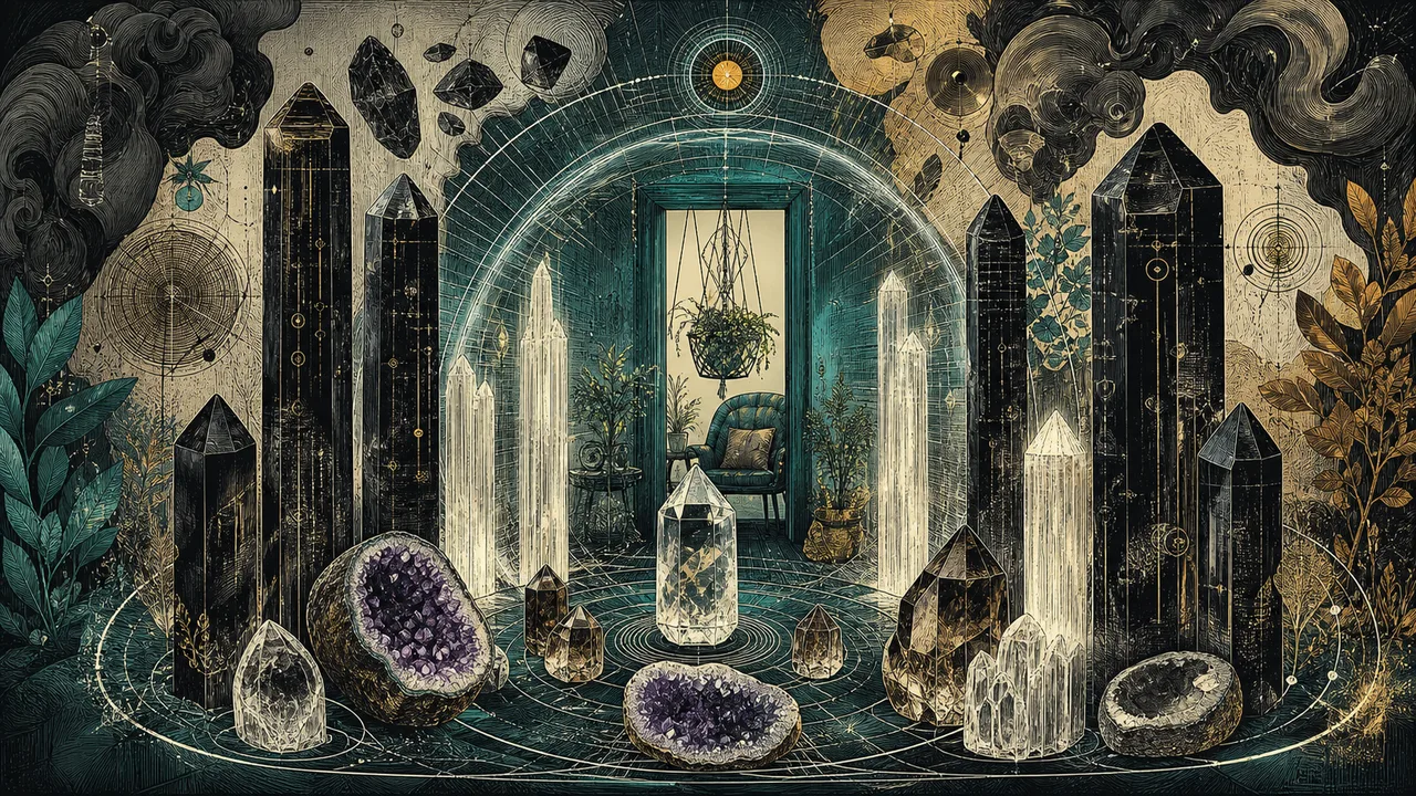 Crystals for energetic protection forming a symbolic field with tourmaline, selenite and smoky quartz