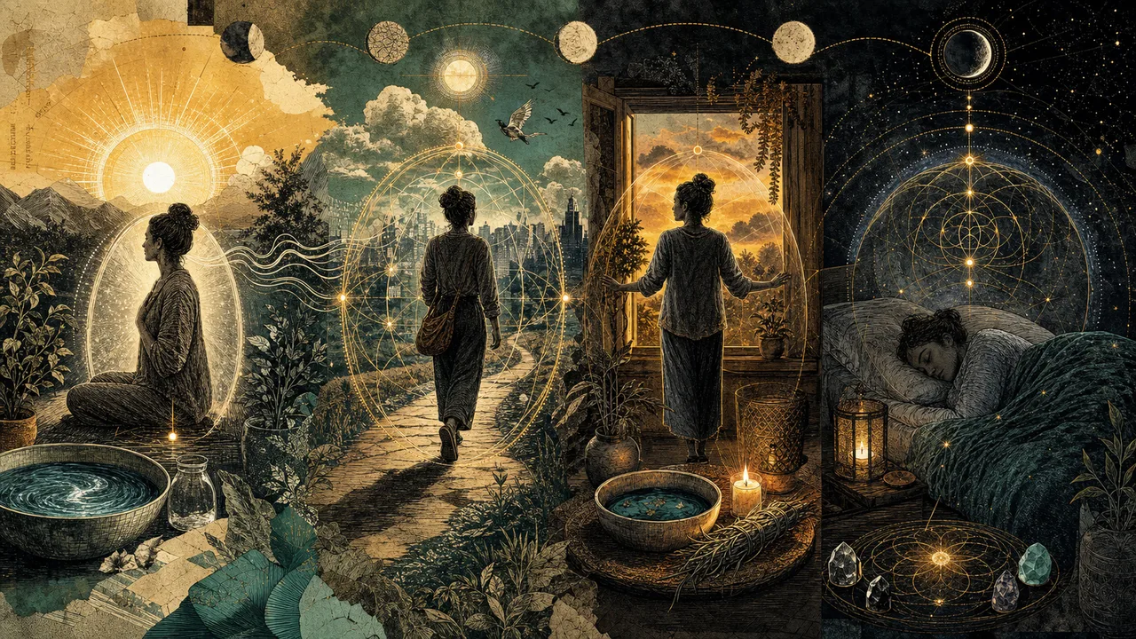 A person following a calm morning routine while creating a luminous field of energetic protection