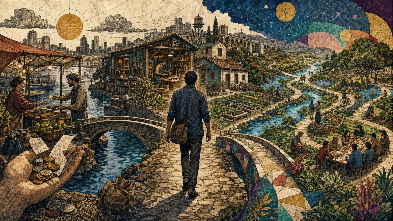 A person observing paths that represent money, wealth and abundance as different choices