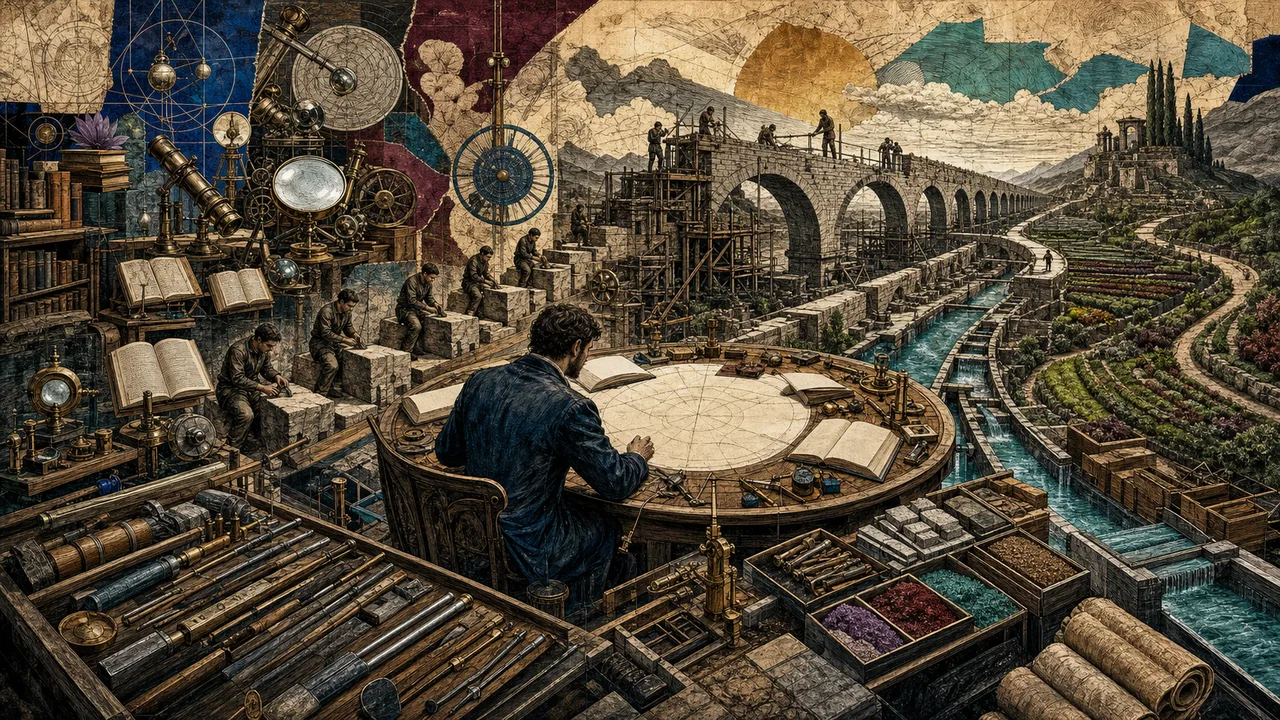 A person studying and organizing a path of growth with books, planning and light in the background
