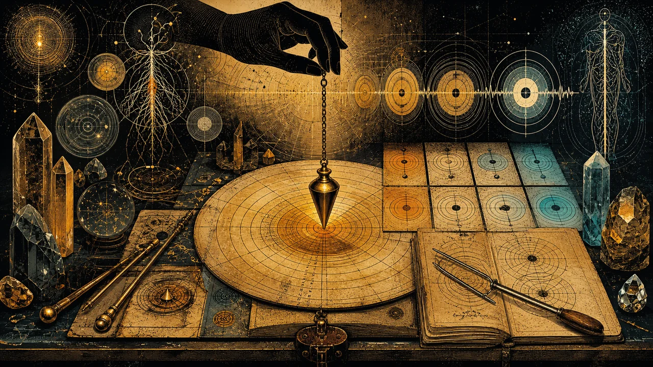 Pendulum over a dowsing chart with a training notebook, rods, crystals and symbols of practice and sensitivity development