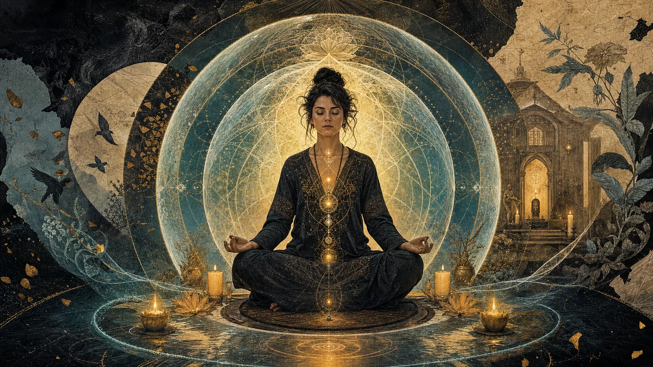 Person meditating within a luminous field of energy protection