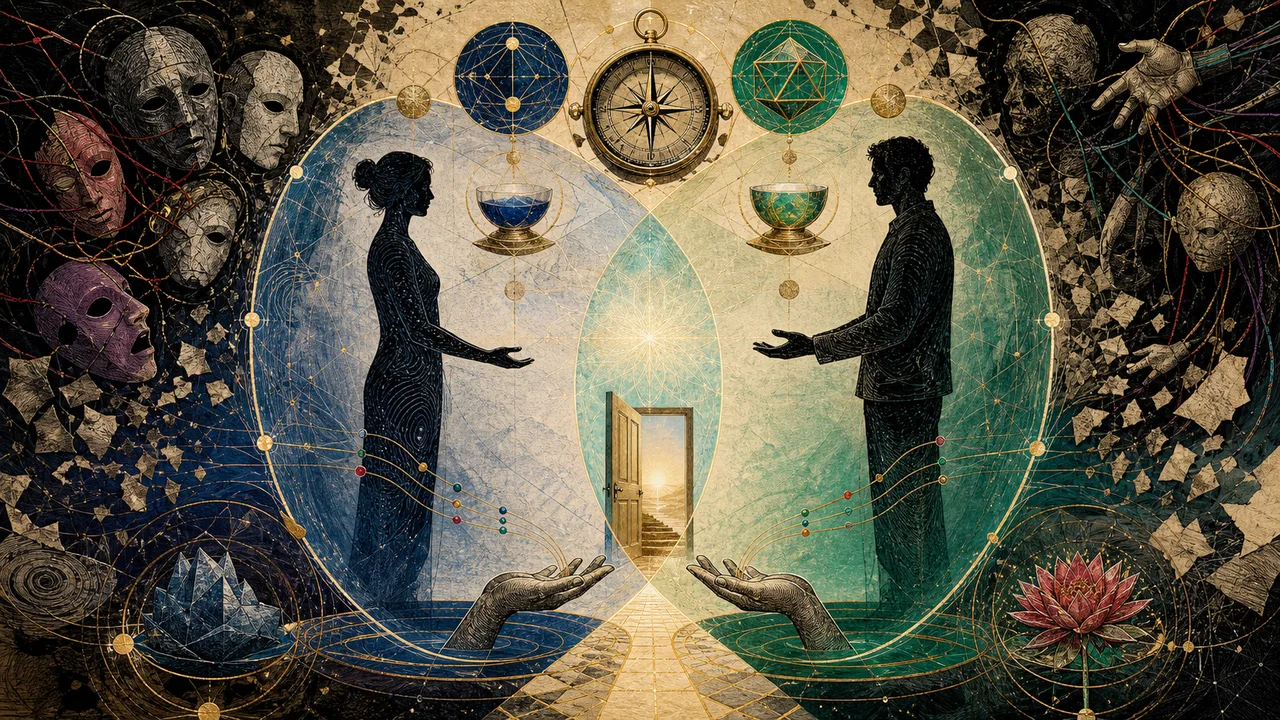 A vibrational therapy session with symbols of care, balance, and ethical responsibility