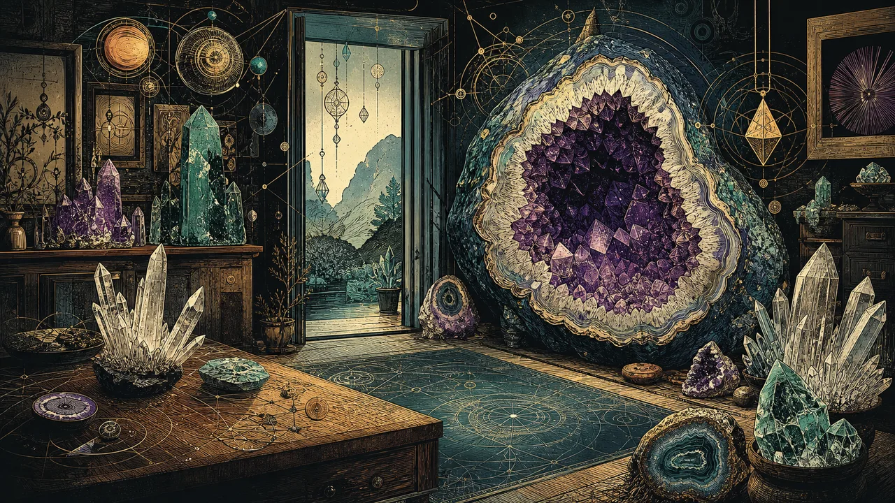 Geodes, clusters and crystals radiating energy in a symbolic crystal therapy space