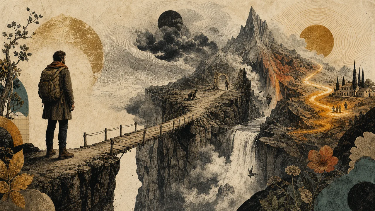Person crossing a narrow bridge toward a light of transformation