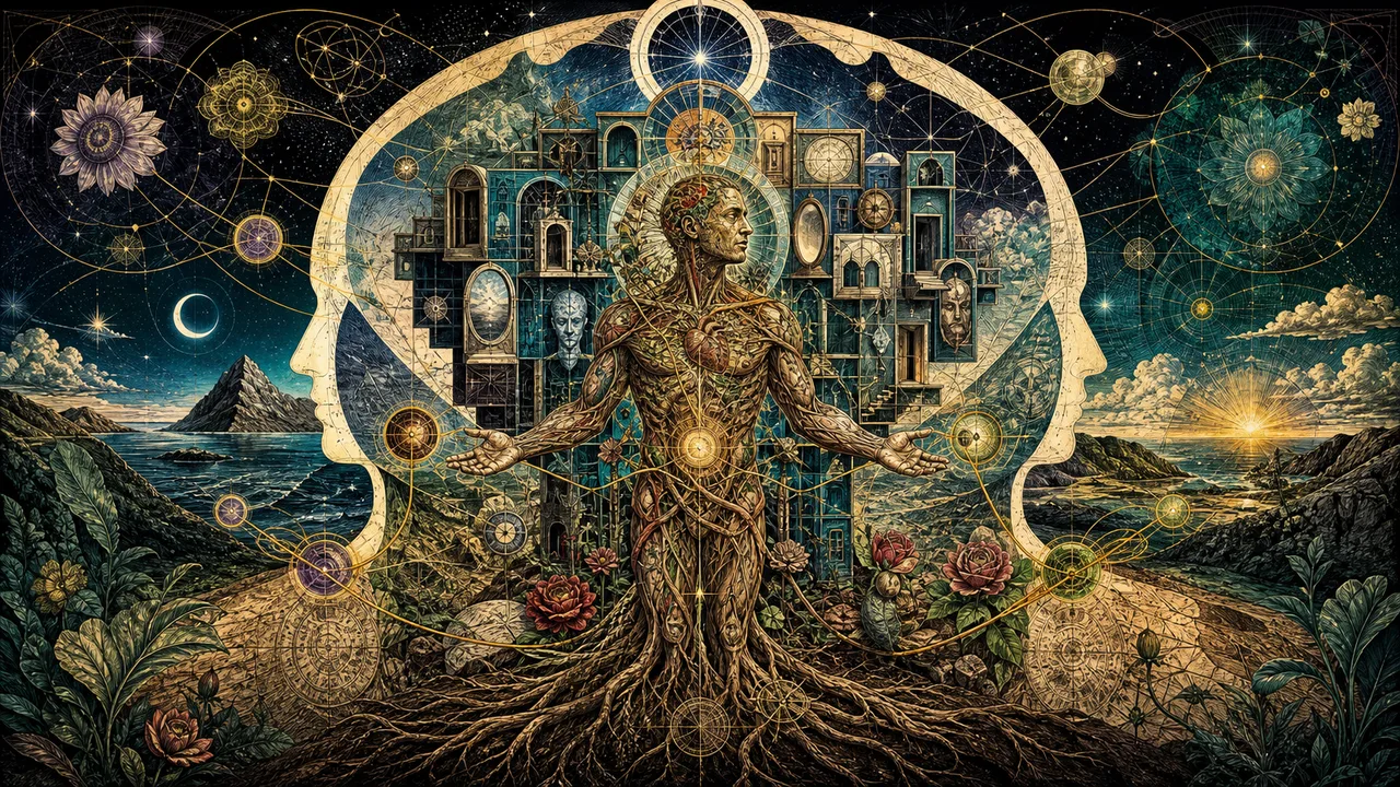 Human figure with luminous layers representing consciousness, ego, and body in the vibrational system