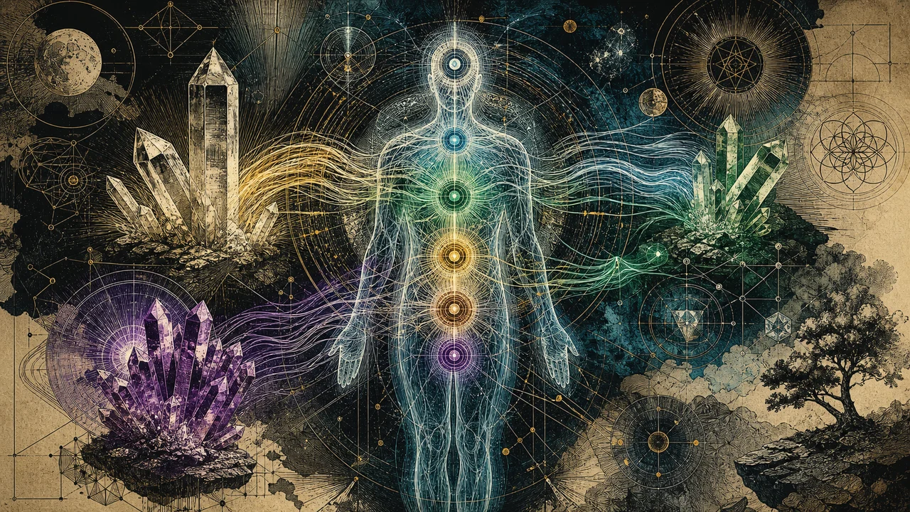Crystals radiating energy toward the etheric body with chakras and subtle channels in a symbolic crystal therapy composition