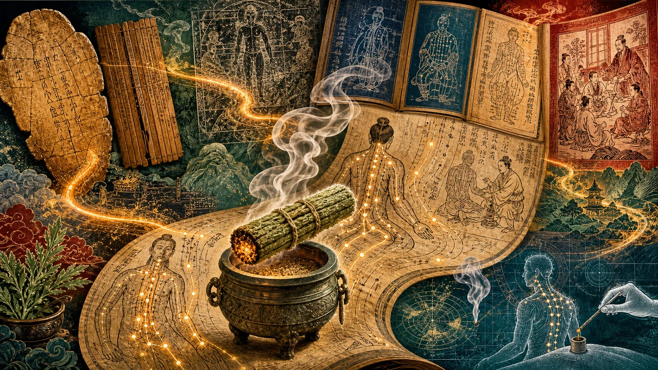 A surreal composition about the history of moxa therapy in Chinese Medicine