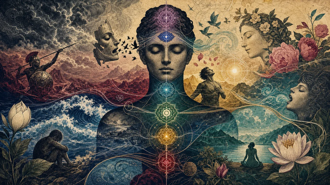 Person meditating with luminous chakras and colorful waves representing emotions in balance