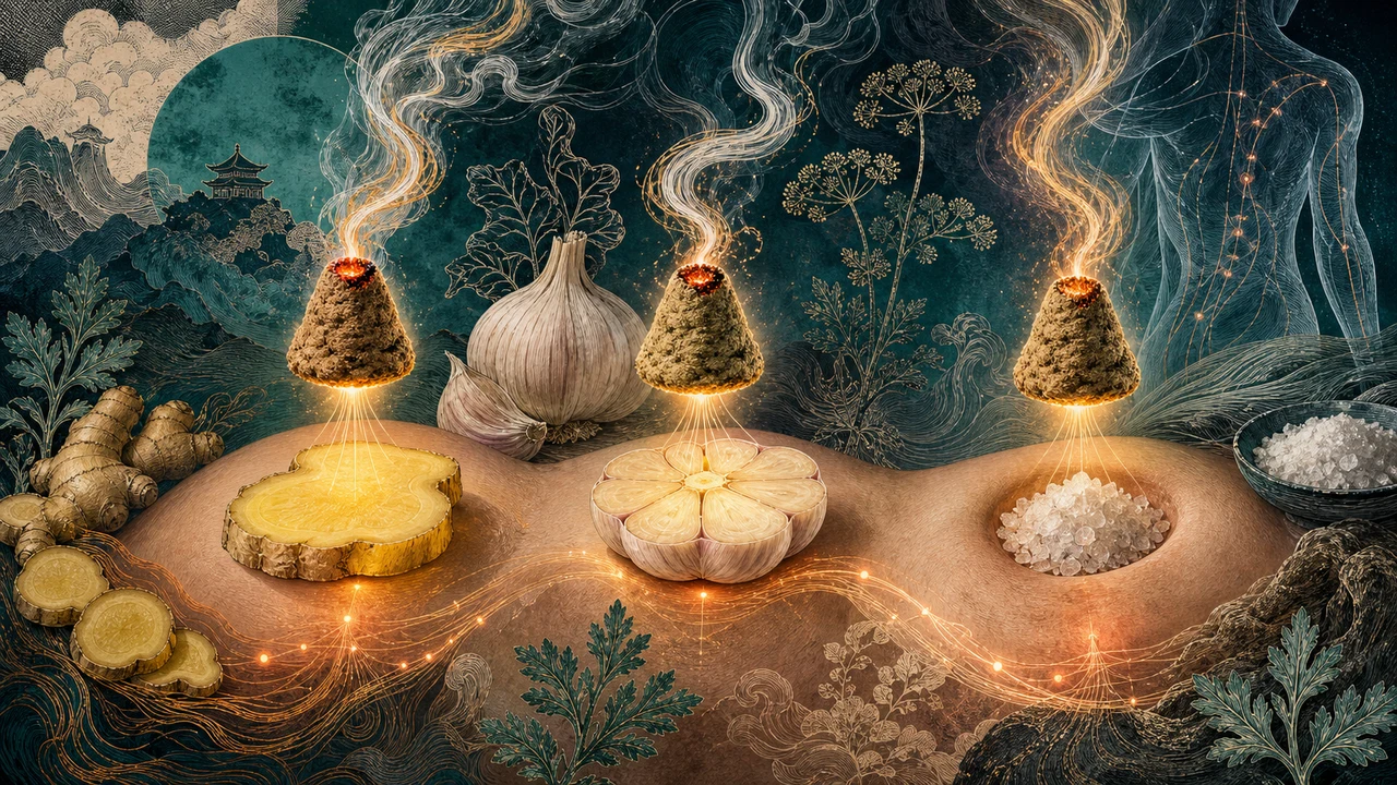 A surreal composition with moxa applied over ginger, garlic and salt