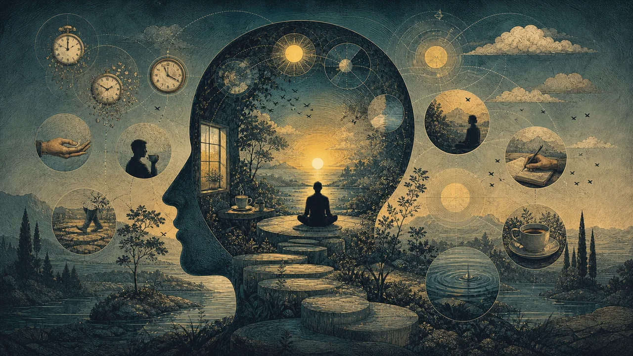 Person practicing mindfulness in a calm routine with a simple clock, representing daily consistency