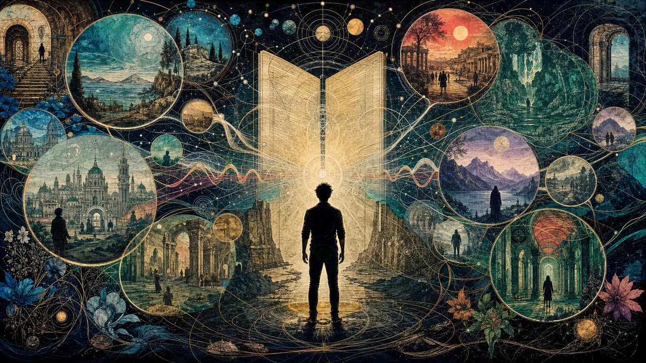 Person before luminous threads and subtle memories representing past lives, karma, and Akashic Records
