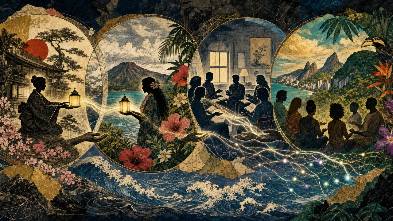 Symbolic path of Reiki from Japan to the West and Brazil with practitioners and luminous energy