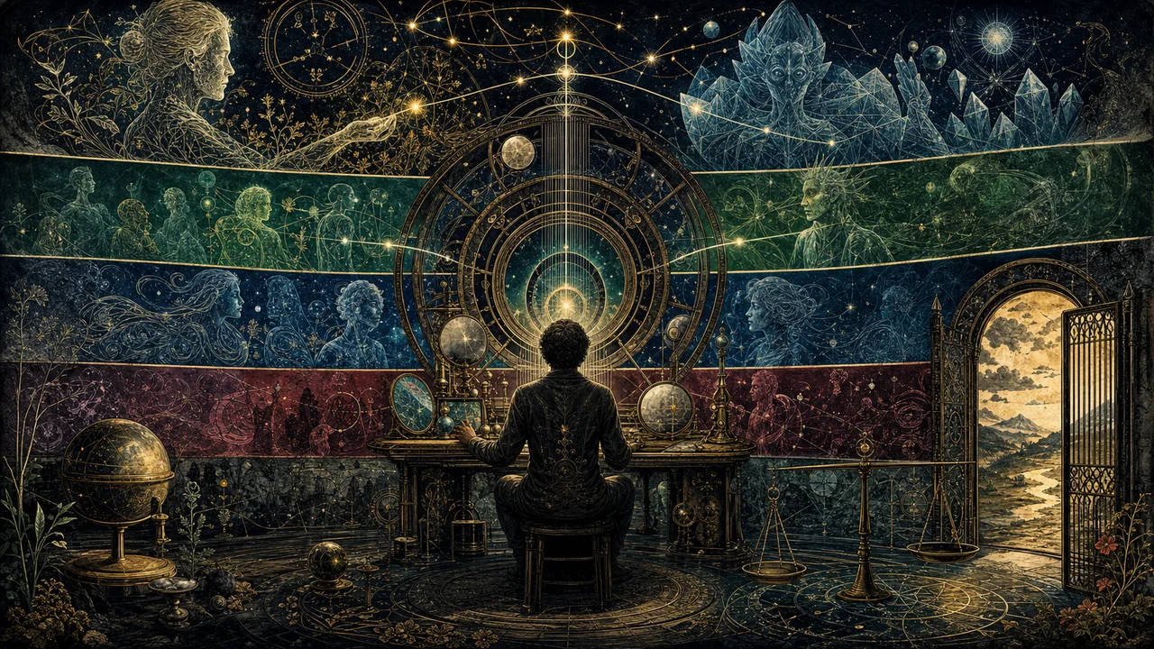 Person meditating before subtle consciousnesses connected by luminous lines of vibrational attunement
