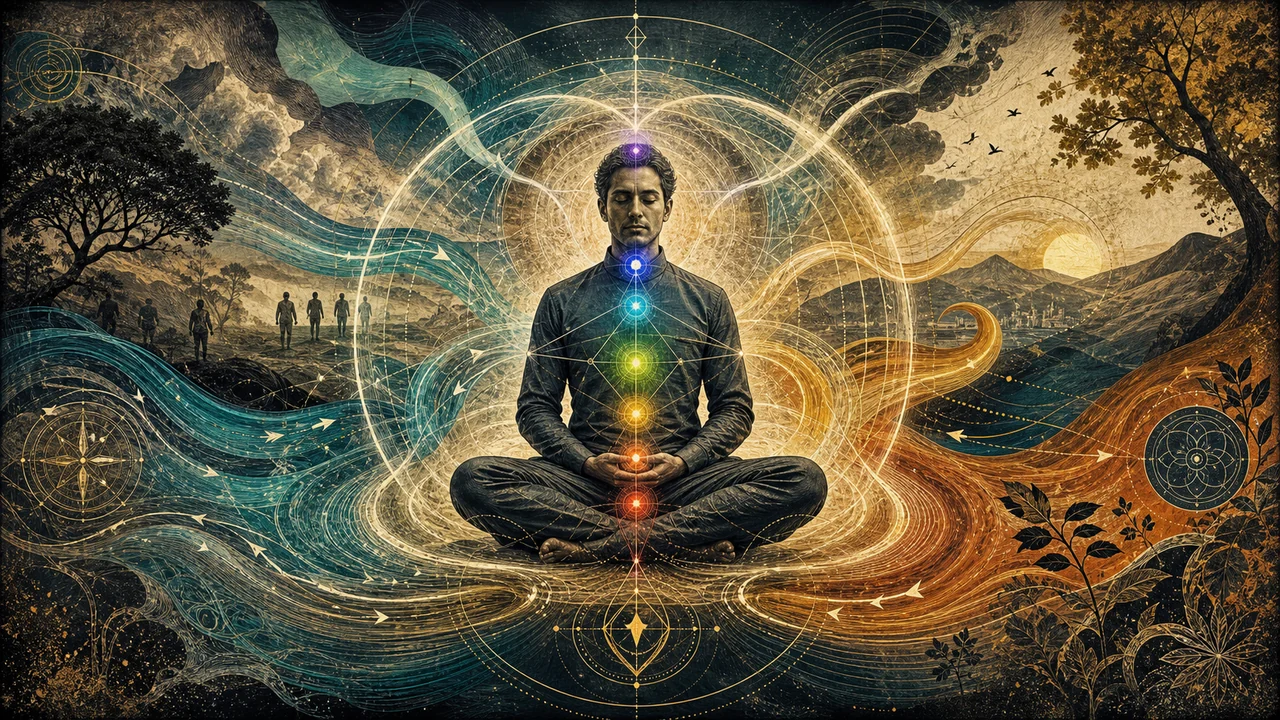 Person meditating with an aura, chakras, and lines of energy circulating around the body