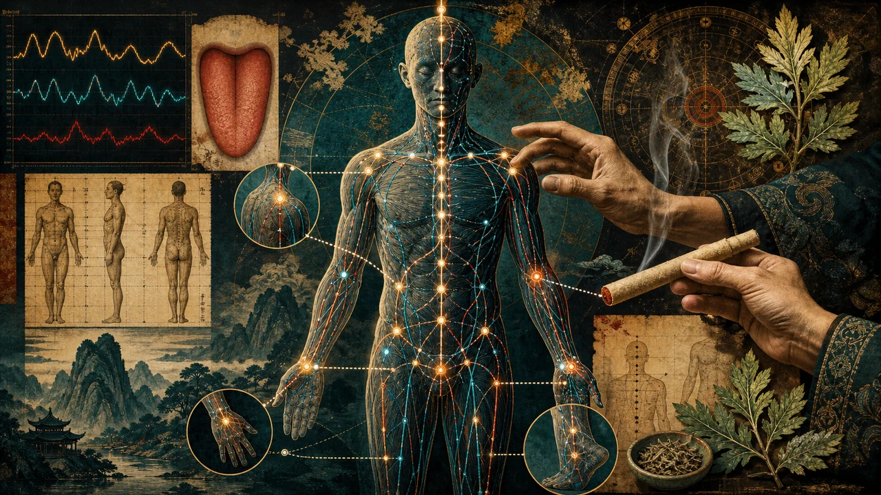 A surreal composition with meridians, selected points and moxa therapy application