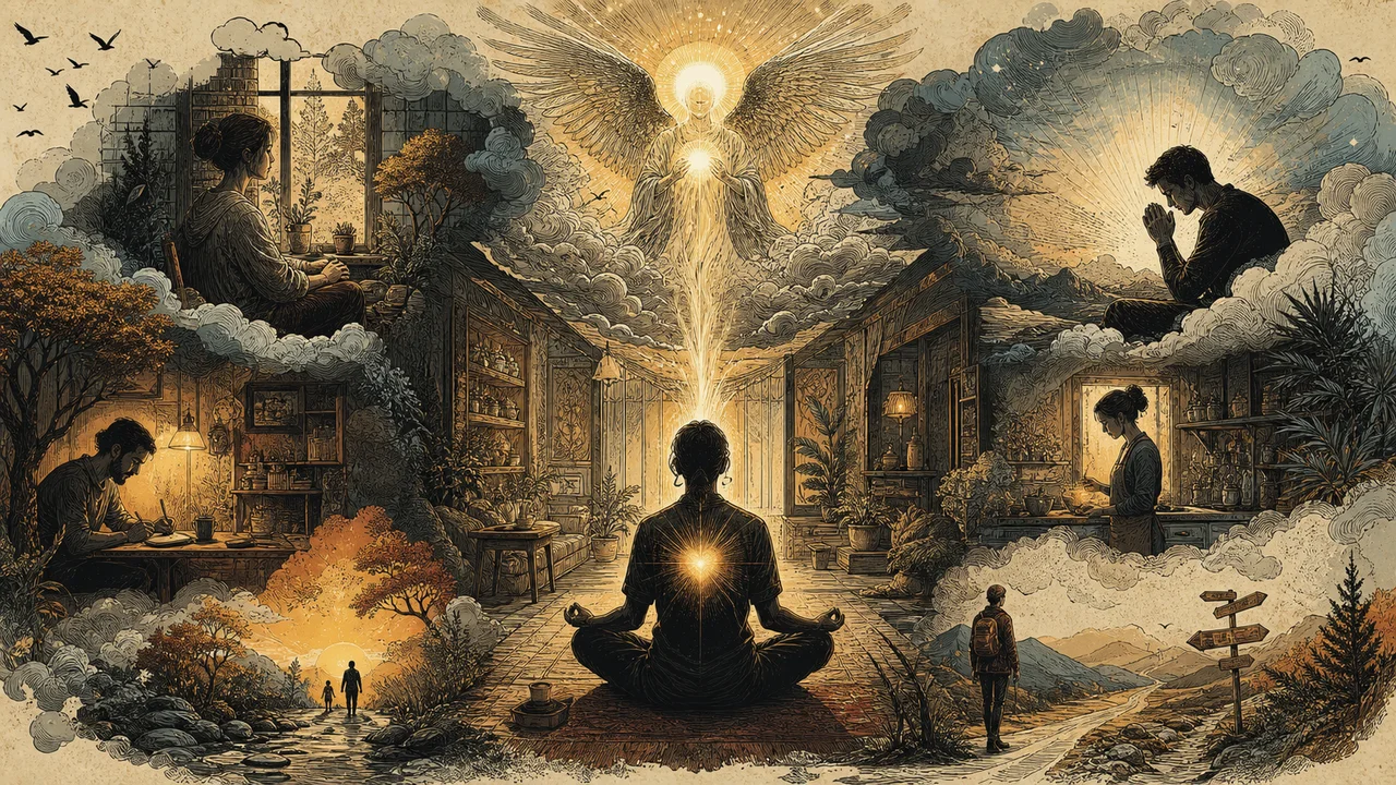 A person meditating before a luminous angelic presence and a simple altar
