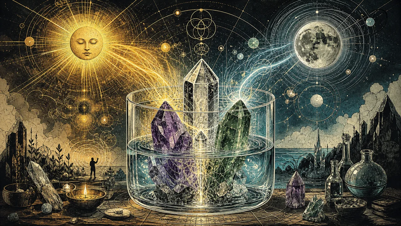 Crystals in a glass container receiving solar and lunar energy in a symbolic composition about energetic polarization