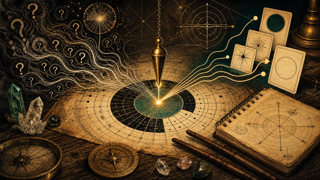 Pendulum over a dowsing chart organizing vague questions into clear paths of measurement