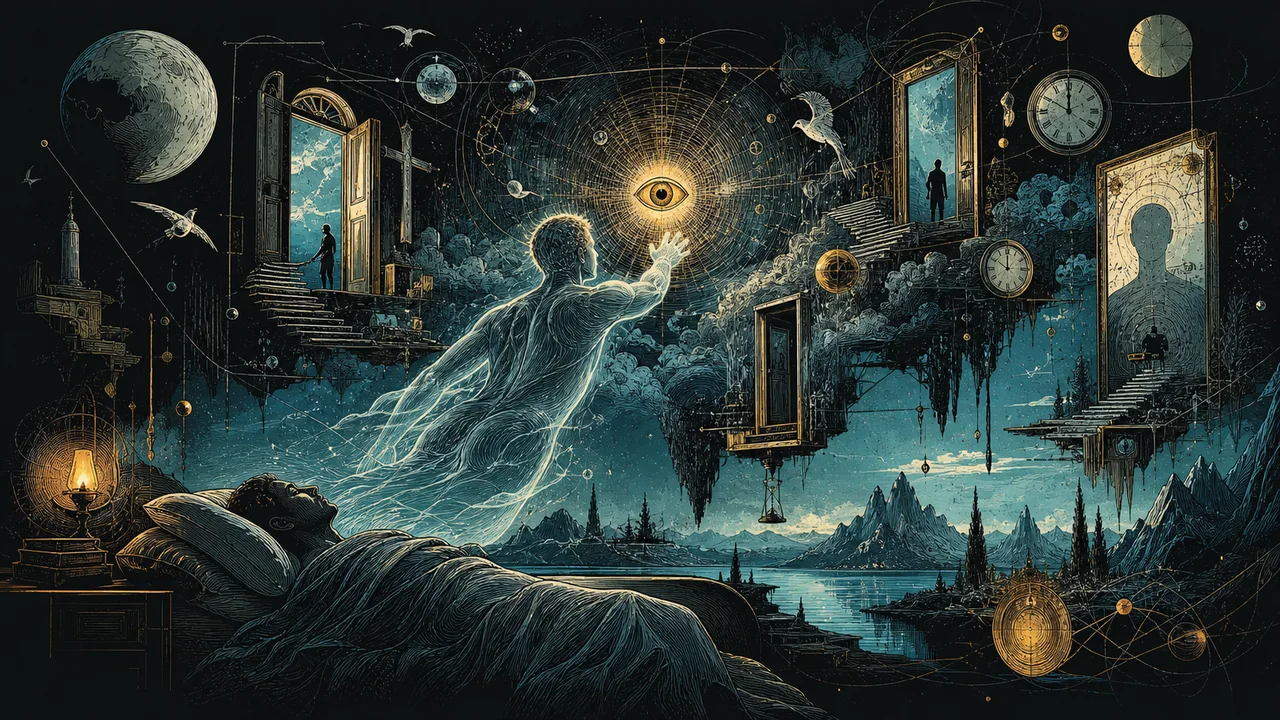 Astral body awakening to lucidity before a luminous eye in a symbolic blue and gold landscape