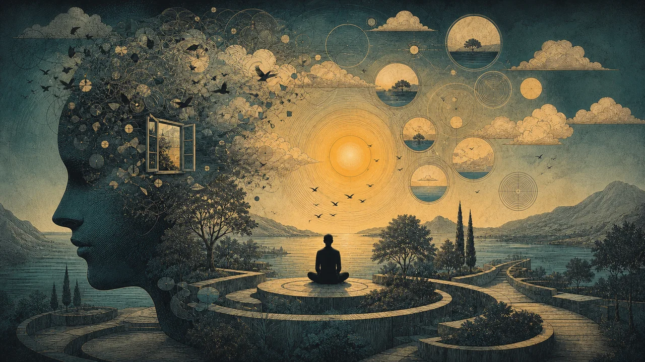 A person practicing mindfulness with thoughts moving around them, representing a racing mind being observed with presence