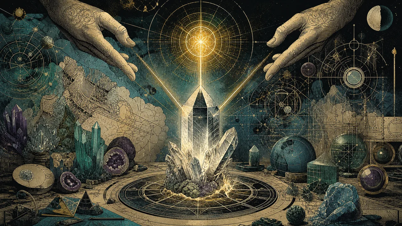 Crystal receiving a clear intention in a symbolic composition of energetic programming in crystal therapy
