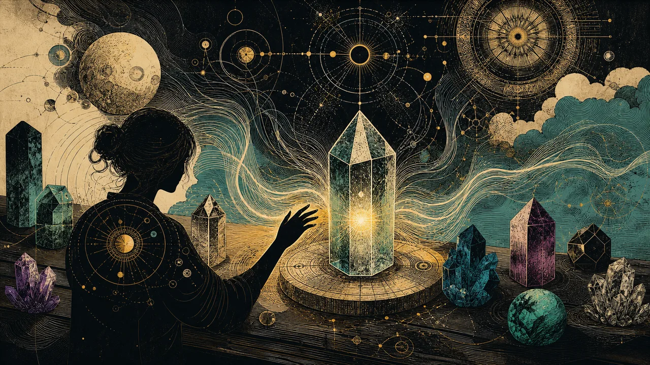 Person quietly perceiving energetic attunement with a luminous crystal in a symbolic crystal therapy composition