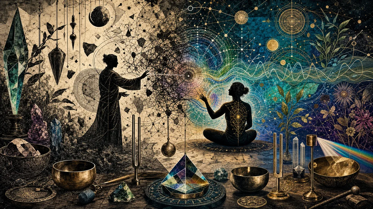 Therapist organizing energy and information in the vibrational field with crystals and luminous lines