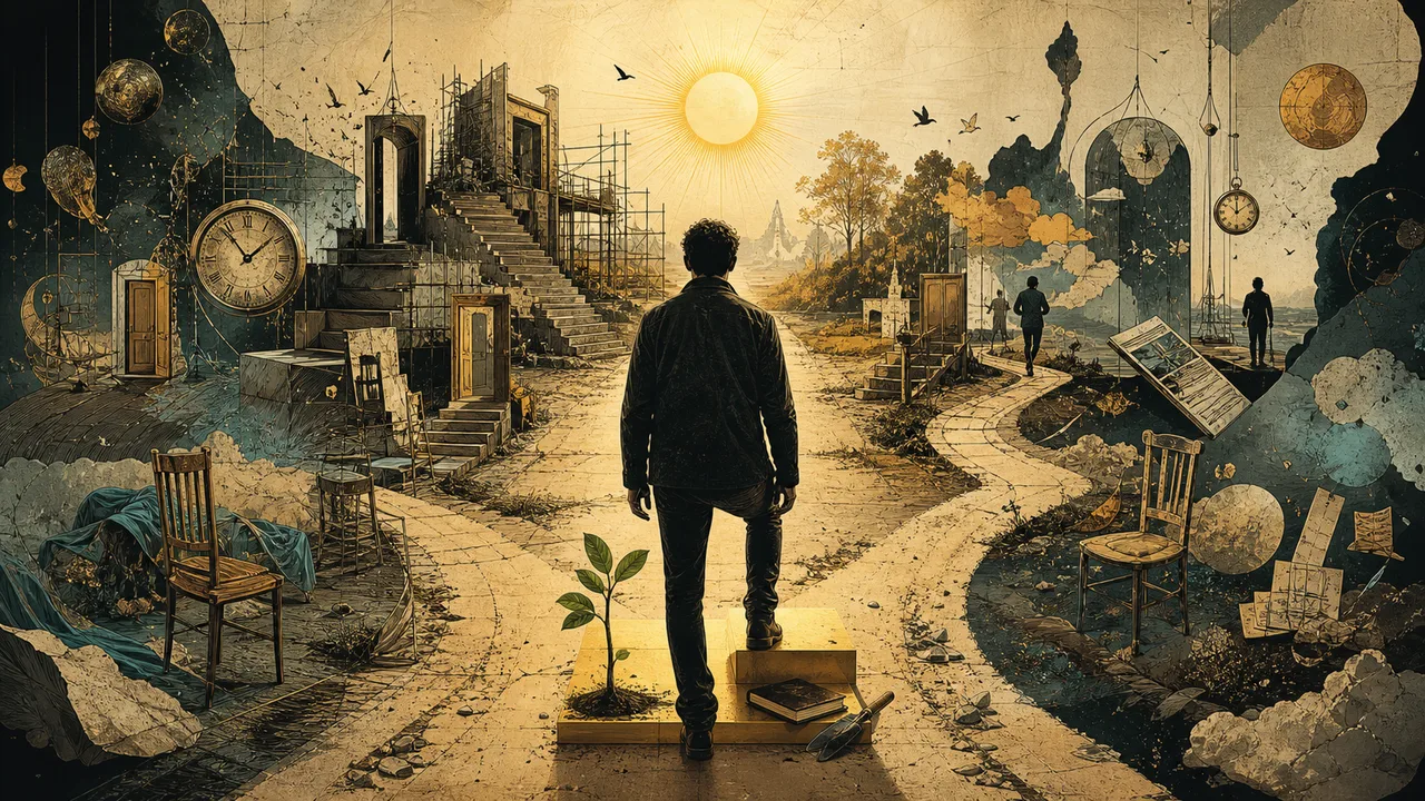Adult standing before a path while distractions circle around and small golden steps indicate consistency