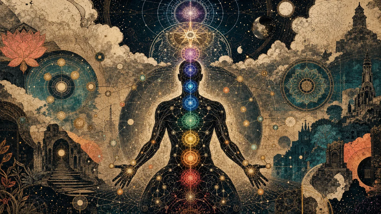 Person meditating with seven main chakras, secondary centers, and superior chakras above the head