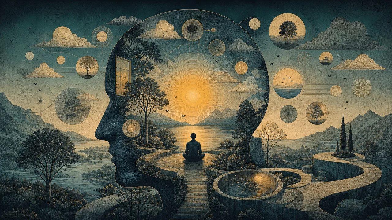 Person practicing present-moment awareness while observing thoughts, time and breathing in a serene setting
