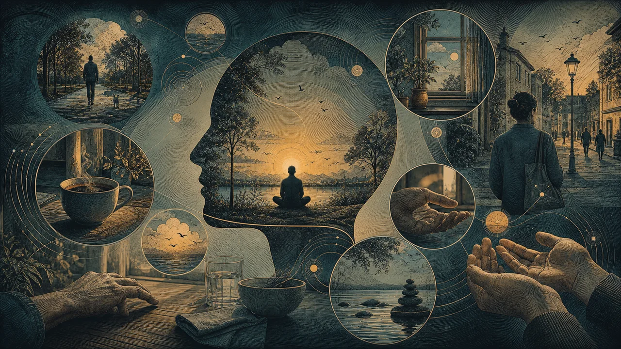 Person practicing mindfulness during everyday activities such as breathing, walking, eating, and listening attentively